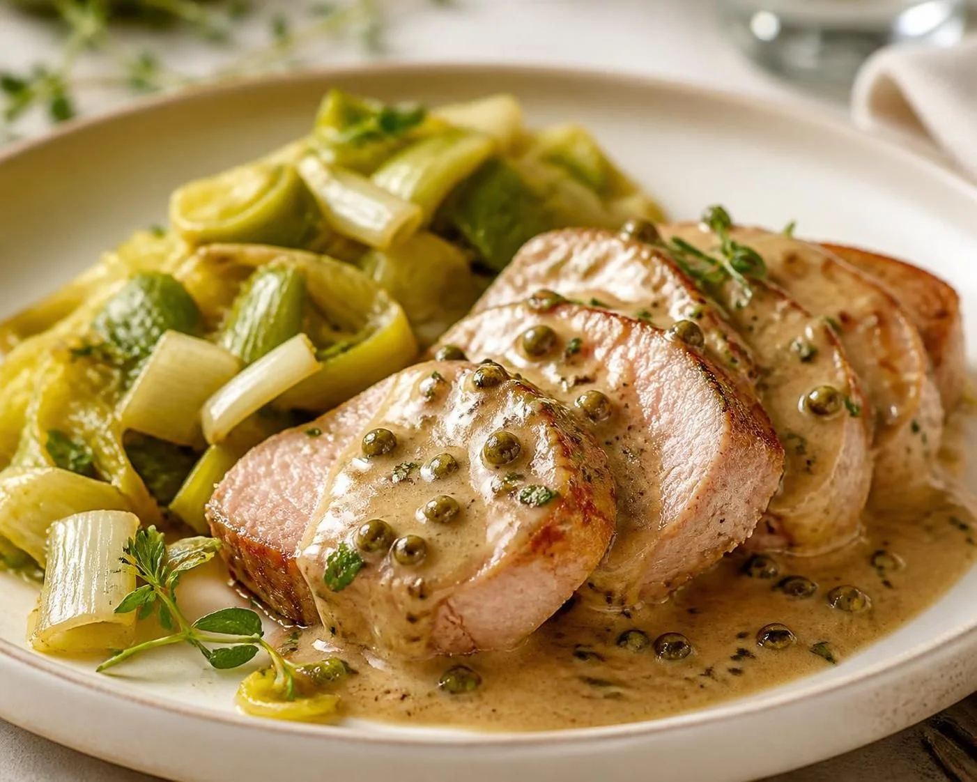 Filet de porc au poivre vert et aux poireaux : la recette